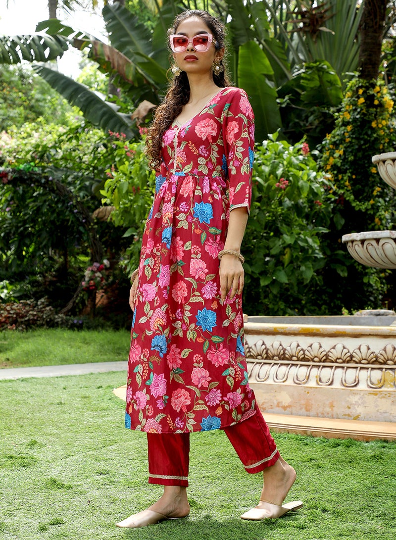 QISSA Women's Crimson Red Flora Cluster Kurta With Trousers And Dupatta For Casual Wear | V-Neck | Quarter Sleeve | 3 Piece Kurta Set Designed With Comfort Fit For Everyday Ethnic Wear - Image 3